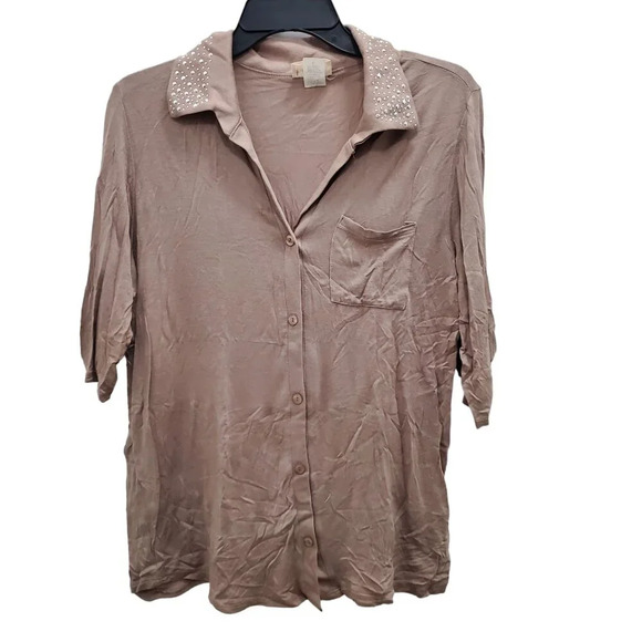 Lavish Women's Mocha Roll Tab Gem Studded Collar Button Up Top USA Made Size‎ L - Picture 1 of 8